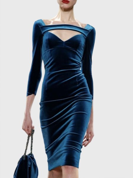 

Elegant Boat Neck Plain Regular Fit Dress, Blue, Mini Dresses