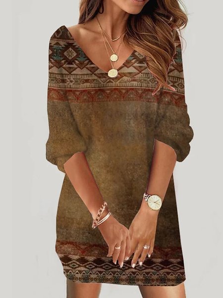 

Loose Casual Ethnic V Neck Dress, Cameo brown, Dresses