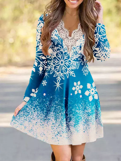 

Snowflake Casual Cotton-Blend Loose Dress, Blue, Mini Dresses