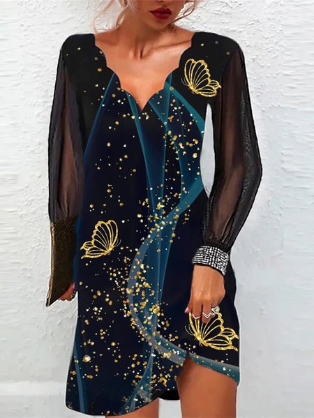 

V Neck Casual Butterfly Dress, Black, Dresses
