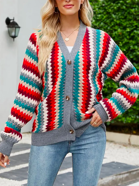 

Striped Casual V Neck Sweater Coat, Multicolor, Cardigans
