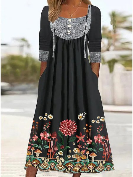 

Loose Floral Casual Crew Neck Dress, Black, Dresses