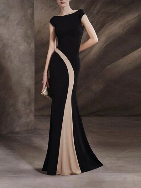 

Crew Neck Sleeveless Regular Fit Micro-Elasticity Polyester Color Block Elegant Dress, Black, Maxi Dresses