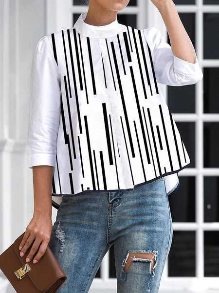 

Striped Urban Three Quarter Stand Collar Blouse, White, Blouses and Shirts