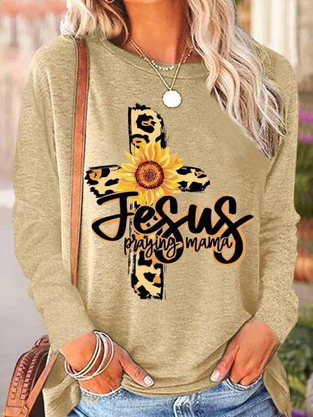 

Women's Jesus Regular Fit Simple Sunflower Crew Neck Long Sleeve Top, Khaki, Long sleeves