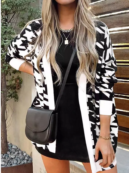 Geometric Casual Loose Other Coat, Black-white, Cardigans