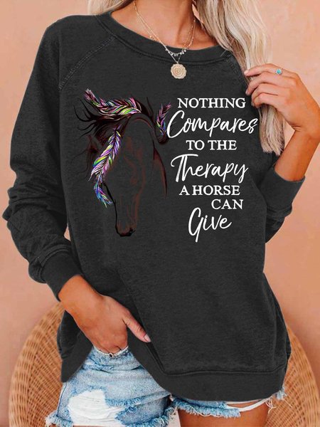 

Women's The Therapy A Horse Can Give Crew Neck Loose Simple Sweatshirt, Black, Hoodies&Sweatshirts