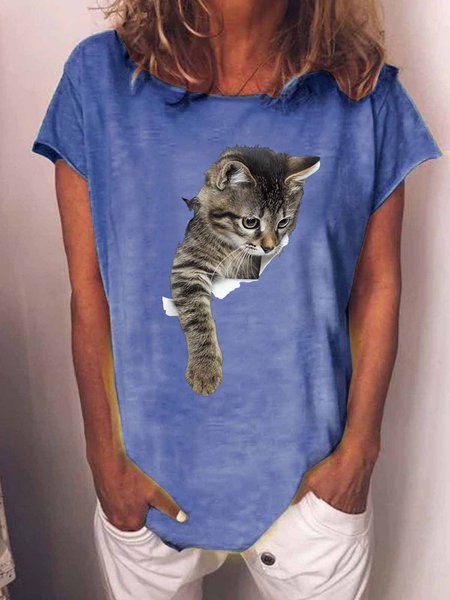 

Women's Funny Cat Loose Casual Crew Neck T-Shirt, Blue, T-shirts