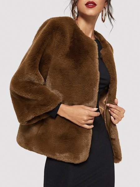 

Elegant Plain Loose Crew Neck Long Sleeve Teddy Jacket, Brown, Others