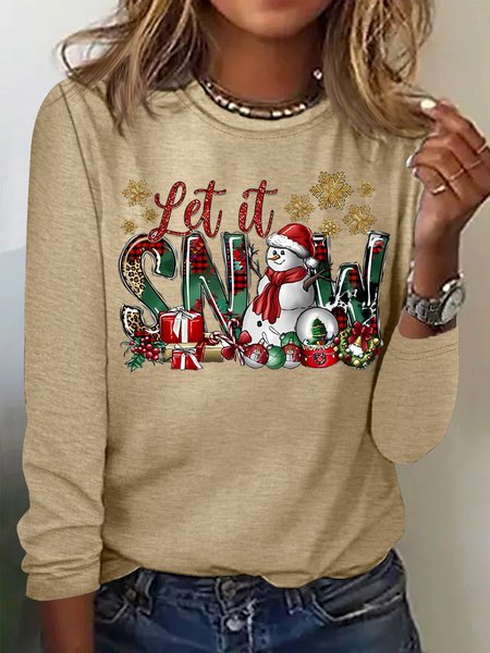 

Women's Let It Snow Funny Christmas Snowman Graphic Print Casual Top, Khaki, Long sleeves