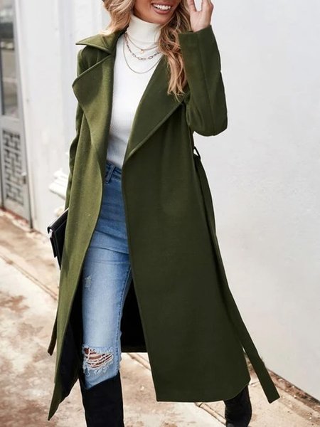 

Plain Lapel Collar Woolen Urban Overcoat, Green, Trench Coats