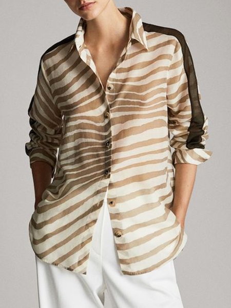 

Shirt Collar Striped Urban Loose Blouse, Light khaki, Blouses and Shirts