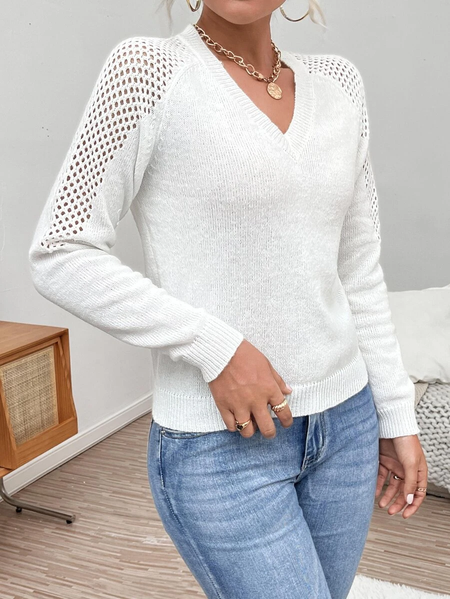 

V Neck Casual Plain Yarn/Wool Yarn Sweater, White, Sweaters