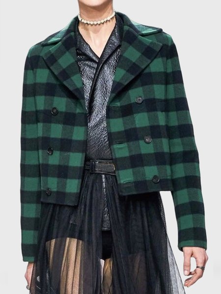 

Long sleeve Lapel Collar Elegant Regular Fit Plaid Jacket, Green, Jackets