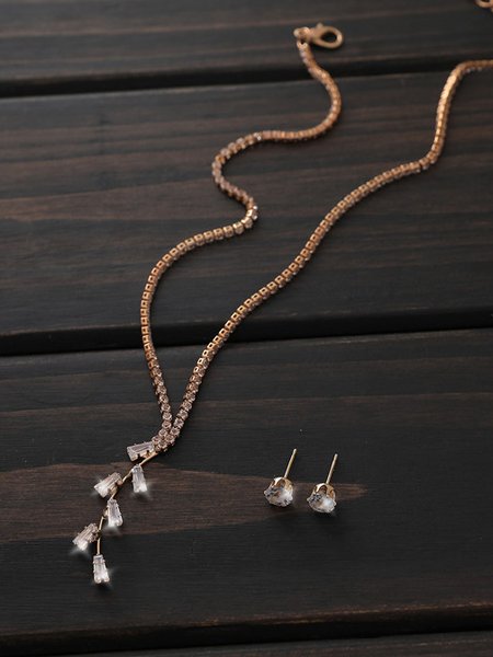 

Elegant Diamond Earrings Necklace Set Holiday Party Anniversary Valentine's Day Gift Jewelry, Golden, Necklaces