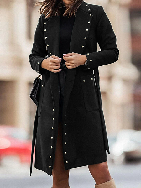 

Shawl Collar Plain Loose Casual Overcoat, Black, Trench Coats