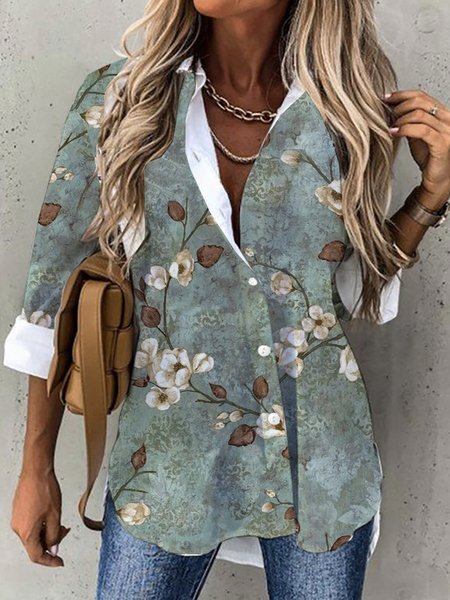 

Casual Shirt Collar Floral Loose Blouse, Green, Shirts