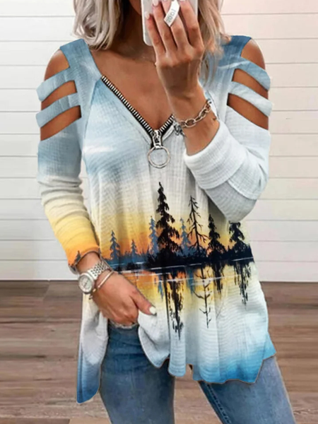 

V Neck Zipper Casual Regular Fit T-Shirt, Multicolor, T-Shirts
