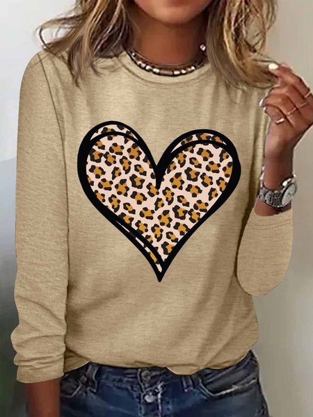 

Women's Heart Leopard Simple Long Sleeve Top, Khaki, Long sleeves