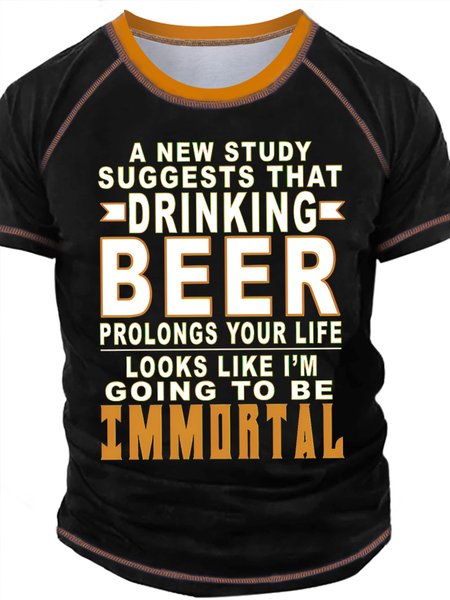 

Men's A New Study Suggests That Drinking Beer Prolongs Your Life Looks Like I Am Going To Be Immortal Funny Graphic Printing Casual Crew Neck Regular Fit Text Letters T-Shirt, Black, T-shirts