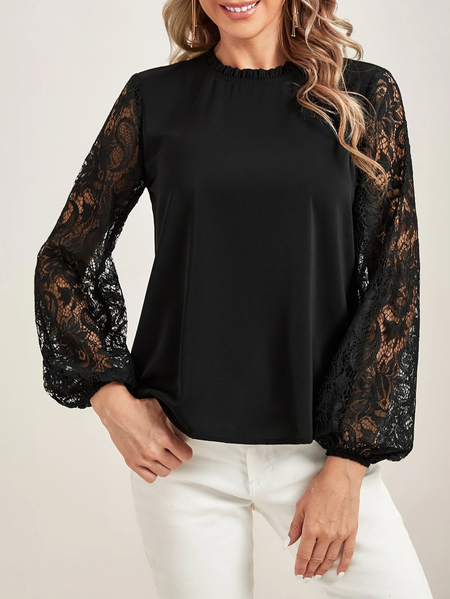 

Urban Contrast Lace Bishop Sleeve Blouse, Black, Tops