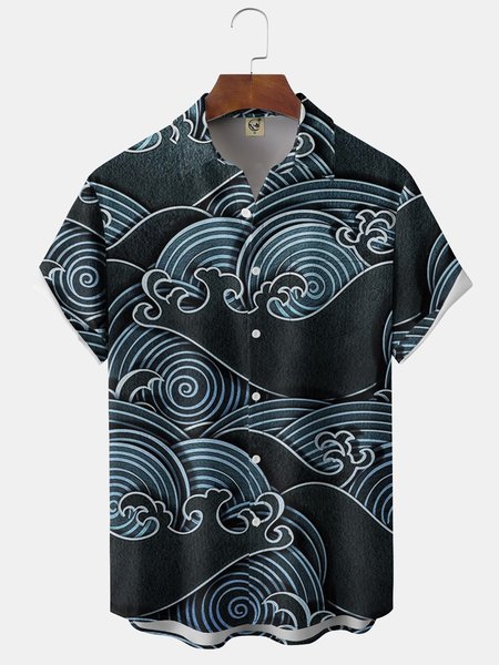 

Ukiyo-e Waves Chest Pocket Short Sleeve Shirt, Purplish blue, Men Shirts