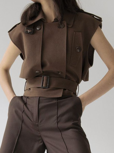 

Shirt Collar Sleeveless Loose Urban Vest, Brown, Vests and Gilets