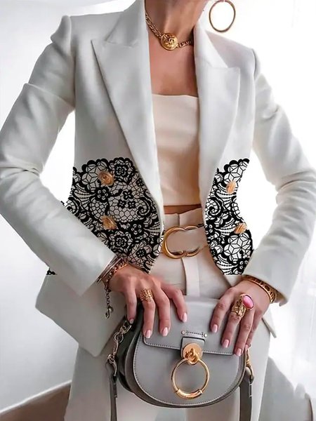 

Elegant Lapel Collar Floral Print Regular Fit Blazer, White, Blazers