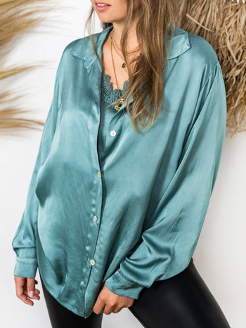 

Cotton-Blend Casual Shirt Collar Blouse, Cyan, Shirts & Blouses