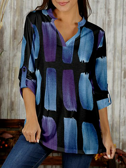

Casual Geometric Stand Collar Loose Top, Blue, Tops