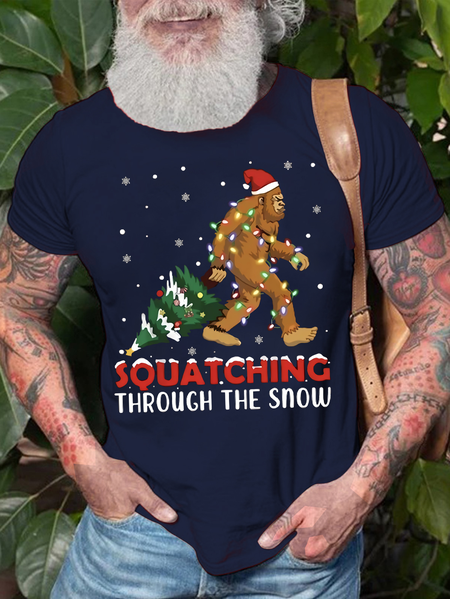 

Men's Squatching Through The Snow Christmas Tree Orangutan Funny Graphic Printing Crew Neck Loose Cotton Casual T-Shirt, Purplish blue, T-shirts