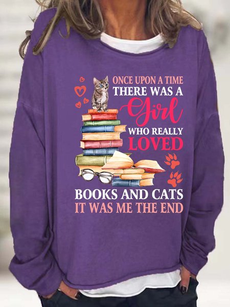 

Women’s Once Upon A Time There Was A Girl Who Really Loved Books And Cats Text Letters Casual Sweatshirt, Purple, Hoodies&Sweatshirts