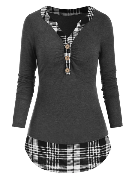 

V Neck Casual Plaid Regular Fit T-Shirt, Gray, Clothing