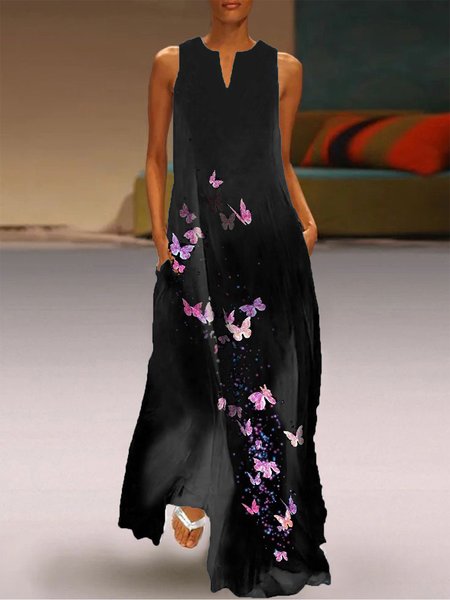 

Butterfly Casual V Neck Regular Fit Dress, Black, Maxi Dresses