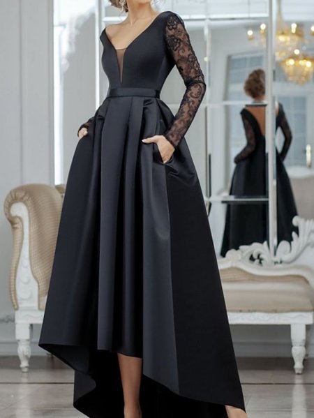 

V Neck Plain Elegant Lace Dress & Party Dress, Black, Maxi Dresses