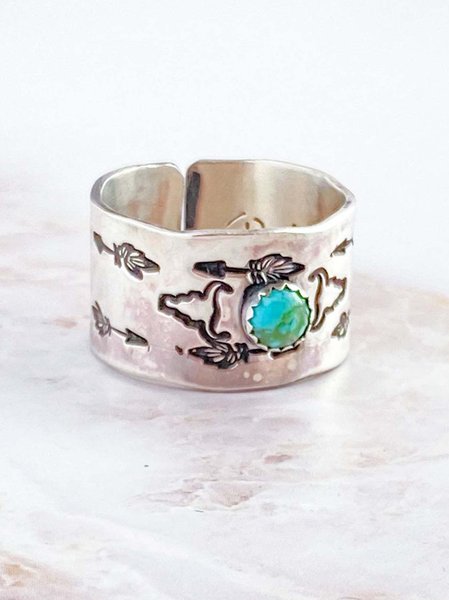 

Vintage Turquoise Ethnic Pattern Chop Ring Boho Holiday Jewelry, Silver, Rings