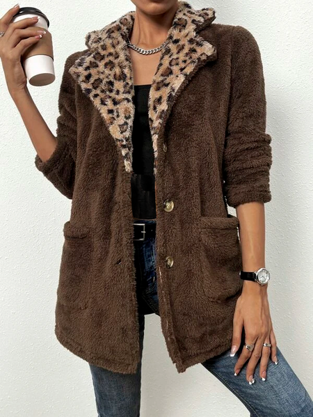 

Fluff/Granular Fleece Fabric Loose Casual Leopard Teddy Jacket, Brown, Coats