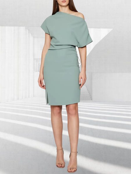 

Cold Shoulder Plain Knitted Simple Short sleeve Micro-Elasticity Hip Skirt Regular Size Cold Shoulder Dress, Aqua, Midi Dresses