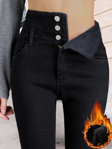 

Fluff/Granular Fleece Fabric Casual Tight Jeans, Black, Jeans