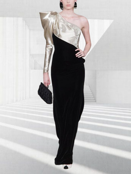 

Color Block Regular Fit Elegant Micro-Elasticity Hip Skirt Party Dress, Black, Maxi Dresses