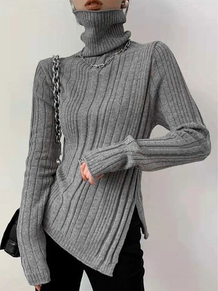 

Plain Turtleneck Regular Fit Simple Sweater, Gray, Pullovers