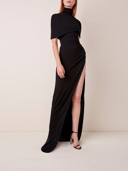 

Elegant Turtleneck Cap Micro-Elasticity Hip Skirt Regular Size sleeve Dress, Black, Maxi Dresses