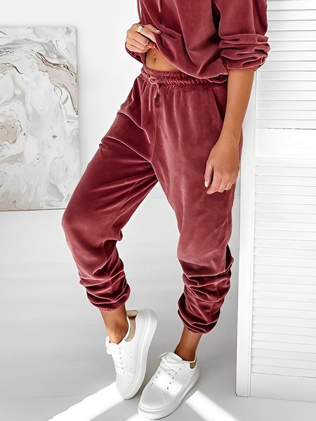 

Plain Casual Loose Casual Mid Waist Pants, Wine red, Pants