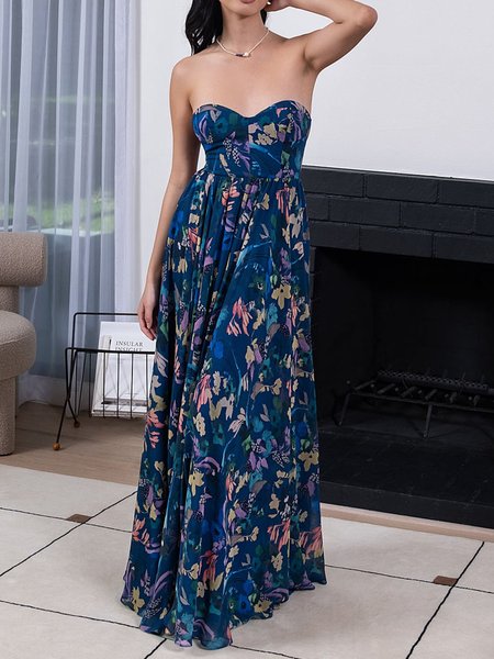 

Floral Urban Strapless Long Party Dress, Blue, Maxi Dresses