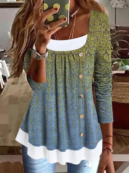 

Casual Ethnic Crew Neck Loose Top, Multicolor, Clothing