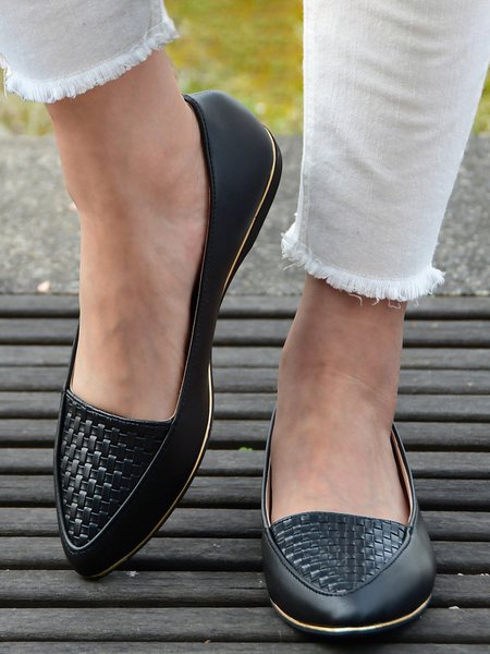 

Casual Textured Pointed-Toe Flat Shoes, Black, Flats
