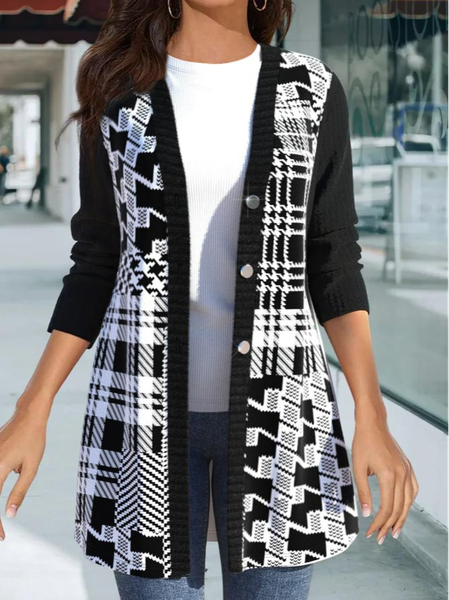 

Casual Houndstooth Button Geometric Print Black Long Sleeve Coat, Cardigans