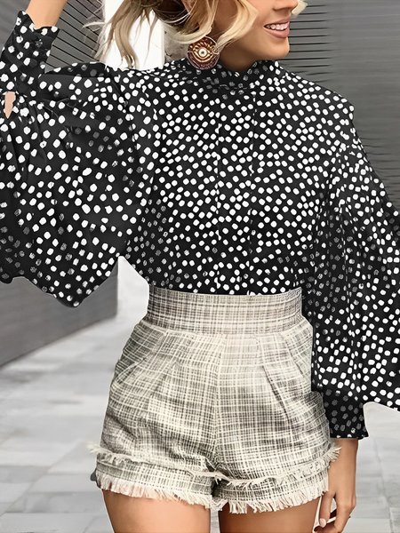 

Polka Dots Regular Fit Elegant Long Sleeve Blouse, Black, Blouses and Shirts