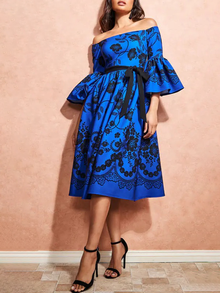 

Regular Fit Elegant Floral Dress & Party Dress, Blue, Midi Dresses