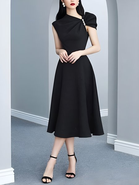 

Elegant Asymmetrical Regular Fit No Elasticity Polyester Party Dress, Black, Midi Dresses